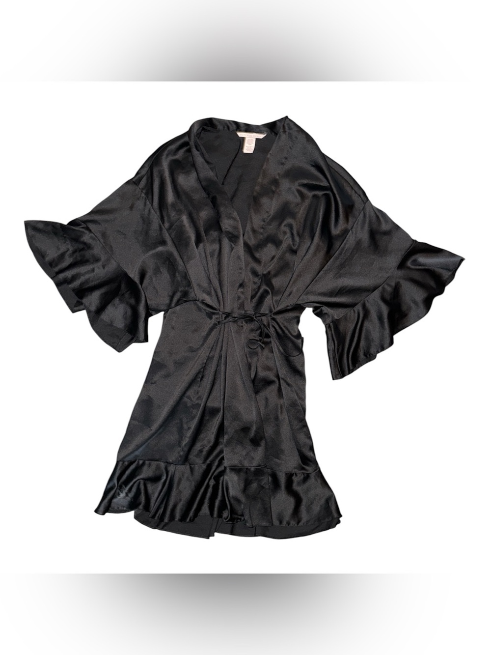 Victoria's Secret Black Satin Ruffle Kimono Robe XS/S